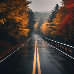 An empty and rainy road during autumn,wet asphalt. Open road in the forest. Long road in the autumn foliage season lined with trees with colorful leaves on both sides.Cloudy day mountainous landscape - obrazy, fototapety, plakaty