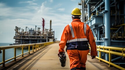 Energy Industry: Behind the scenes of an offshore oil rig worker is working, a worker walks to an oil and gas plant to work in the process area.