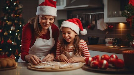 Family Activity: The family is baking cookies in the kitchen during Christmas. Mother and two daughters preparing dough Wear a Christmas hat.
