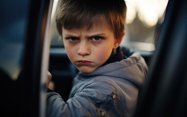 An angry kid in the back seat of a car. Generative AI - obrazy, fototapety, plakaty
