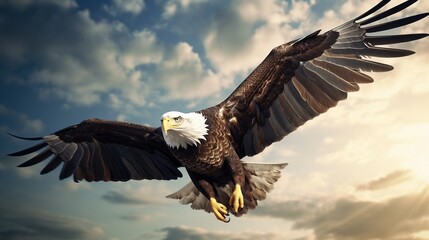 Obraz premium Close - up view of a patriotic eagle, its entire body flying in the sky.