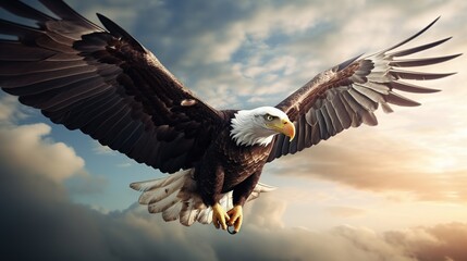 Close - up view of a patriotic eagle, its entire body flying in the sky. - obrazy, fototapety, plakaty