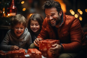 Obraz na płótnie Canvas Ouverture des cadeaux de Noël en famille avec les parents et les enfants, grand sourire, moment de partage en famille
