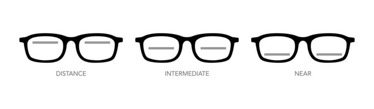 Set of Zones of vision in progressive lenses Fields of view Eye frame glasses diagram fashion accessory medical illustration. Sunglass flat rim spectacles eyeglasses with lens sketch style outline