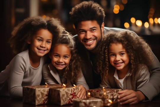 Ouverture des cadeaux de Noël en famille avec les parents et les enfants, grand sourire, moment de partage en famille