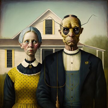two bee people american gothic style painting style high def art 