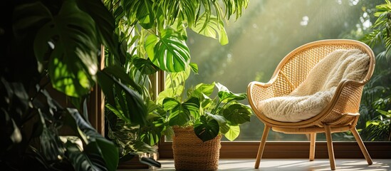 Cozy indoor garden with green monstera plant wicker chair wooden floor sunlight shadows