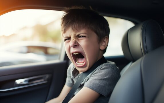 An angry kid in the back seat of a car. Generative AI