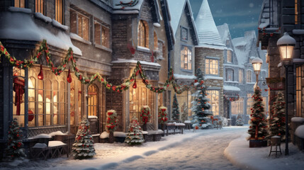 Euripean cozy street festively decorated by garlands and Christmas trees. Christmas celebration concept. 