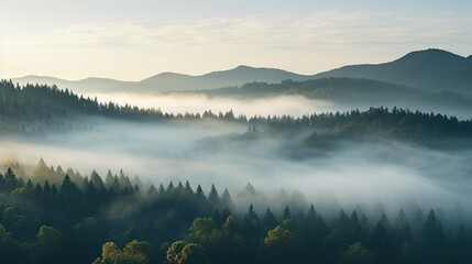 The scene is full of misty trees and trees in the style of a mountain landscape.
