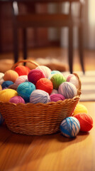 Fototapeta na wymiar A basket filled with balls of yarn on a wooden floor
