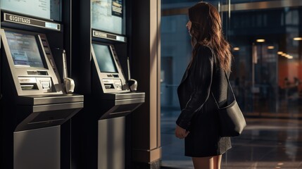 Cash trading business: Behind a young woman stands and withdraws cash from an ATM. - obrazy, fototapety, plakaty