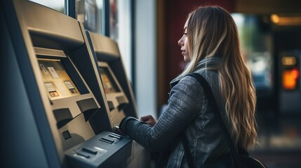 Cash trading business: Behind a young woman stands and withdraws cash from an ATM.