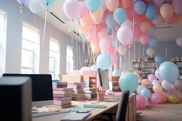 decoration in office with balloons in pastel colors celebrating birthday  - obrazy, fototapety, plakaty