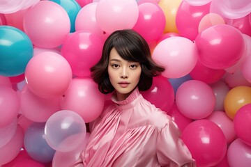 Fototapeta na wymiar Fashion style photo of a beautiful young model looking on camera Korean girl city mall