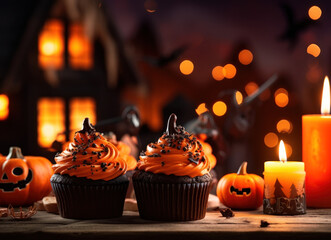 Pumpkin cupcakes, Jack-o-lantern, candles, festive bokeh. Mysterious and ominous background. Halloween party concept.