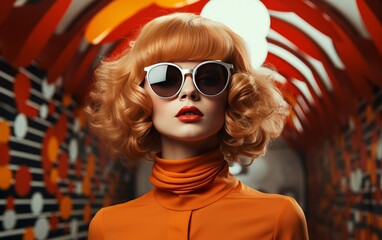 Fashionable retro futuristic girl on background of circle in pop art style. Woman with sunglasses...
