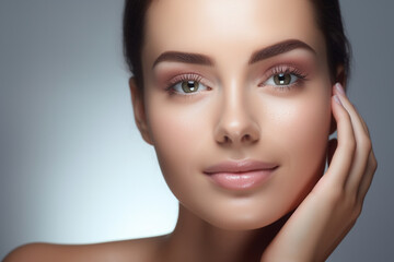 Obraz premium Schönes gepflegtes Frauen Gesicht mit natürlichen Make up für Kosmetik und Permanent Make up Poster Nahaufnahme, ai generativ