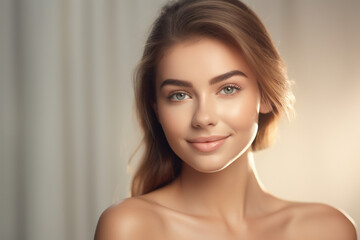 Naklejka premium Schönes gepflegtes Frauen Gesicht mit natürlichen Make up für Kosmetik und Permanent Make up Poster Nahaufnahme, ai generativ