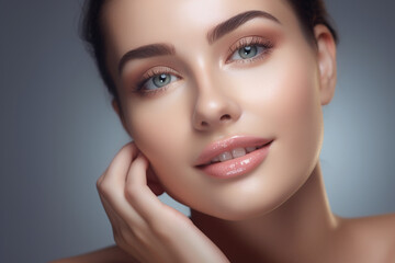 Obraz premium Schönes gepflegtes Frauen Gesicht mit natürlichen Make up für Kosmetik und Permanent Make up Poster Nahaufnahme, ai generativ