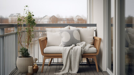 Cozy minimalist balcony interior in Scandinavian style, light colors. Nice balcony with designer repair and furniture. 