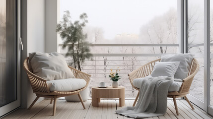 Cozy minimalist balcony interior in Scandinavian style, light colors. Nice balcony with designer repair and furniture. 