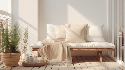 Cozy minimalist balcony interior in Scandinavian style, light colors. Nice balcony with designer repair and furniture.  - obrazy, fototapety, plakaty