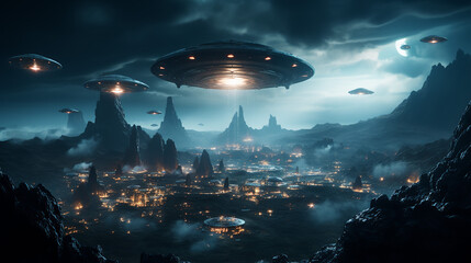 UFOs fliegen am Nachthimmel. Fantasielandschaft. 3D-Rendering  UFOs flying in the night sky. Fantasy landscape. 3D rendering