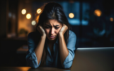 A woman is sitting in an office working overtime. Generative AI