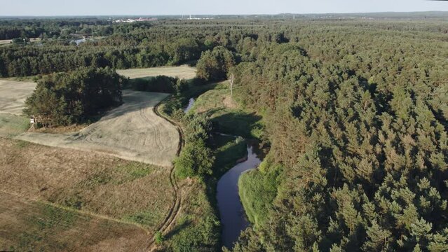 top view of the "Dolina Baryczy" landscape park and the "Barycz" river, sunny summer day
