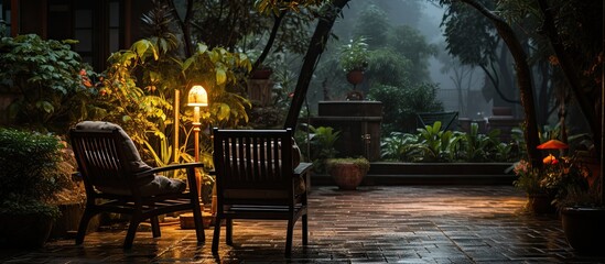 Rattan chair in a rainy courtyard evening