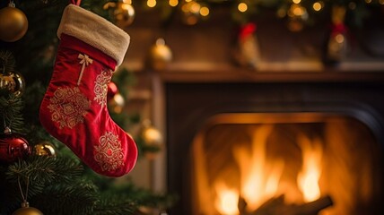 Christmas stocking hanging from mantlepiece  - obrazy, fototapety, plakaty