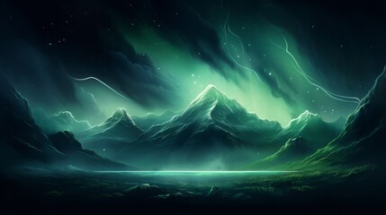 Fototapeta na wymiar A painting of a mountain with green lights