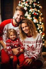 Obraz na płótnie Canvas Mom, dad and a child posing at Christmas in their cozy home. Generative AI