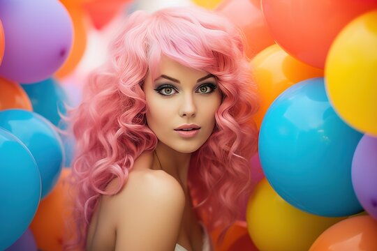 Beautiful young fashion European pink hair girl smiling looking on camera balloons background