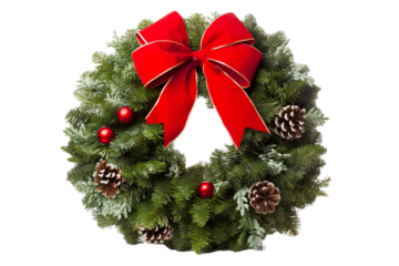 Christmas wreath with a red bow with white background for easy cutout PNG