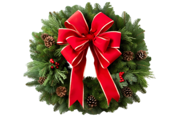 Christmas wreath with a red bow with white background for easy cutout PNG