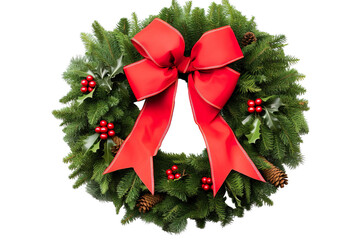 Christmas wreath with a red bow with white background for easy cutout PNG