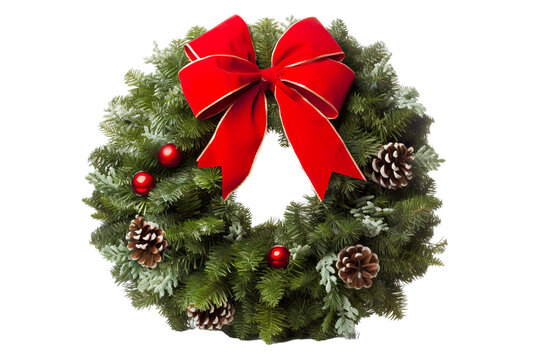 Christmas wreath with a red bow with white background for easy cutout PNG