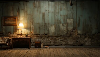 cramped room with wooden floors and concrete walls