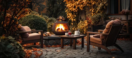 Tuinposter Autumn patio with chairs hearth firewoods cozy backyard for relaxing in autumn garden with fall decor © AkuAku
