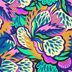 Fototapeta na wymiar Colorful seamless pattern with bright psychedelic abstract elements. Vector illustration