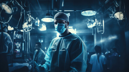 Fototapeta premium Generative AI, doctor in a mask and gown in the operating room, hospital, clinic, operation, treatment, surgeon, resuscitation, cardiology, neurosurgery, disease, virus, pandemic, medicine, medical
