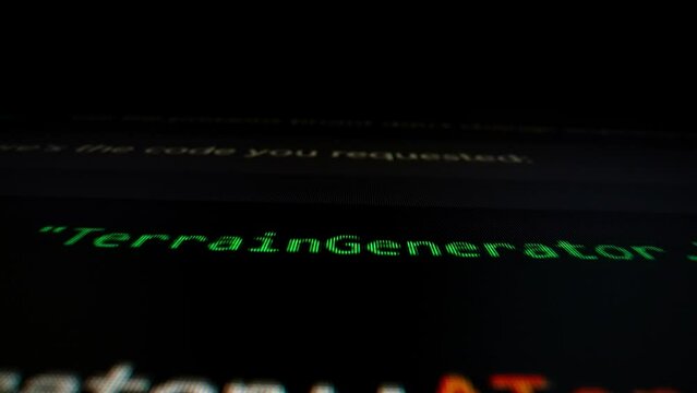 Closeup macro shot movement of coding script moving across LED screen with real-time AI-generated typing, showcasing advanced AI learning in optimization, debug and coding for software development.