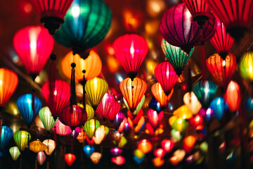 Tokyo, Japan - October 4, 2023: Vietnamese lanterns hanging from ceiling 
