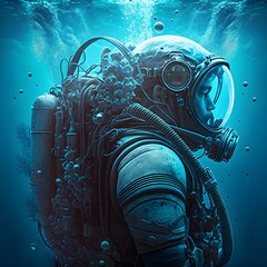 scifi diver with exteranl large rebreather on his back that connects to his advance underewater visor deep in the ocean mutiple divers wearing the same device highly detailed ocean diver with super  - obrazy, fototapety, plakaty