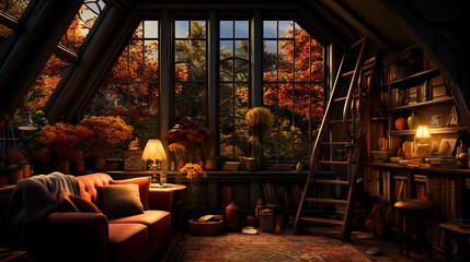 Beautiful view of a room with a library and a window overlooking the autumn trees - obrazy, fototapety, plakaty