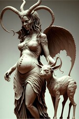 full perspective pregnant demon with the head of a woman long sideburns hooves detailed 