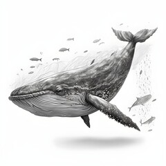 black and white isolated line sketch highly detailed white background underwater whale 