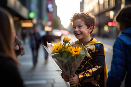 Kid in no name superhero costume gives someone mother flowers in streets. A noble deed of a child